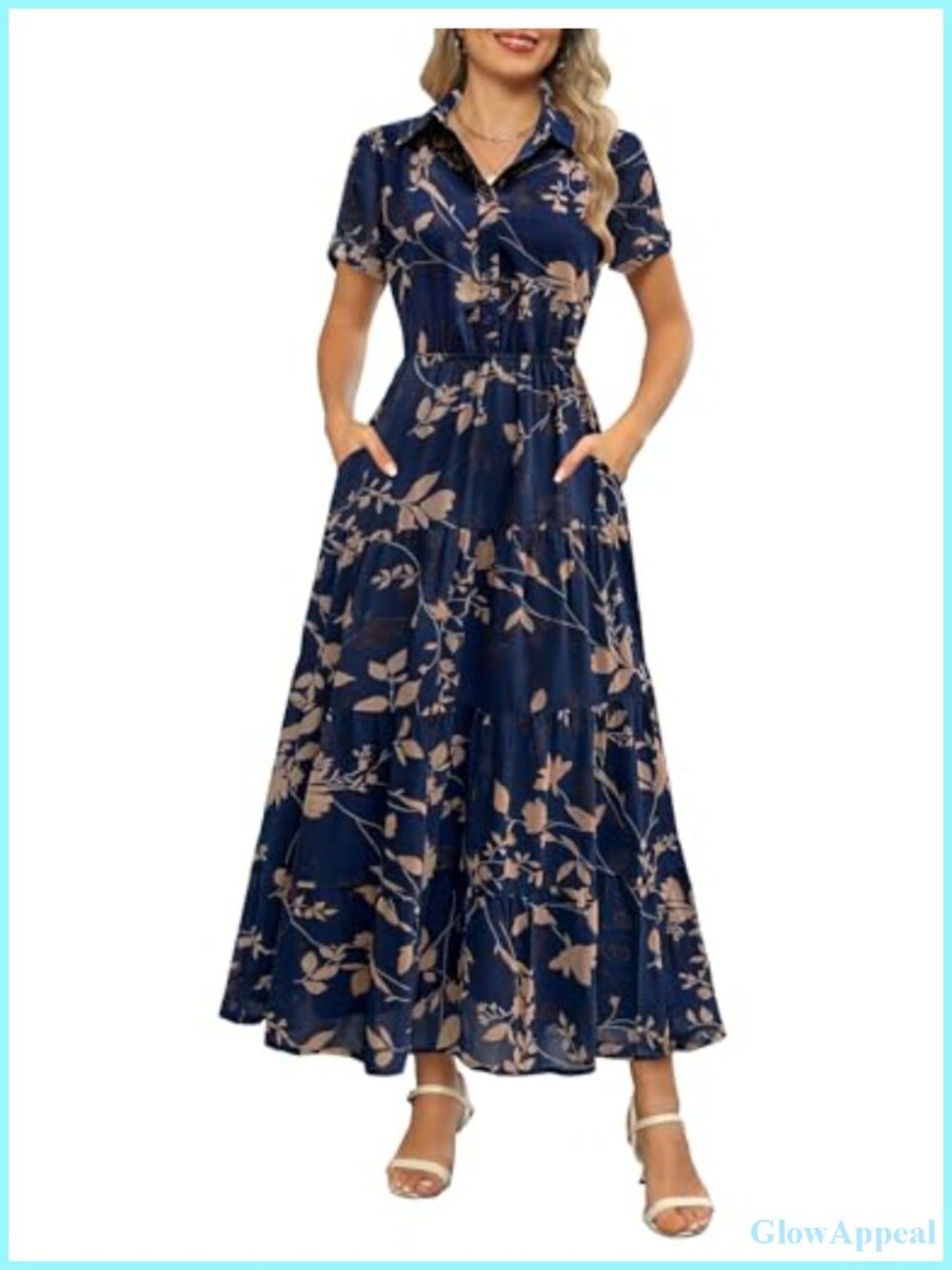 Collared V Neck Short Sleeve Button Down Chiffon Tiered Floral Maxi Dress with - Picture 1 of 6